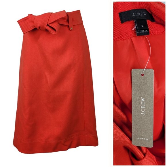 J. Crew Dresses & Skirts - NEW J. Crew Double Serge Wool Skirt Orange Flame Size 2 Belted Lined Career